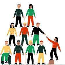 Illustration of ten diverse people forming a human pyramid, with one person standing to the side on a rock, reaching out to the group, symbolizing a strong Depression Support Network.