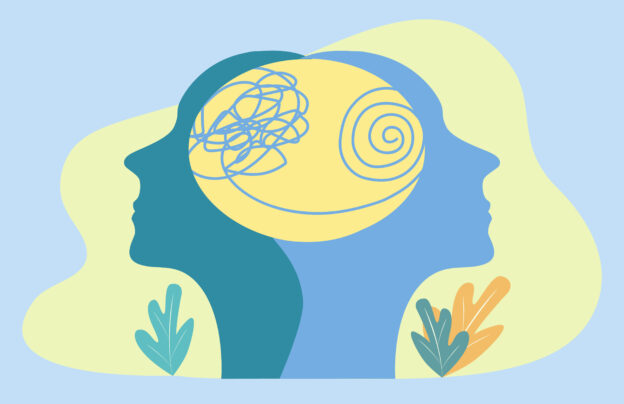 Depression Routine Two overlapping profiles in teal and blue with brain illustrations, leaves at the bottom