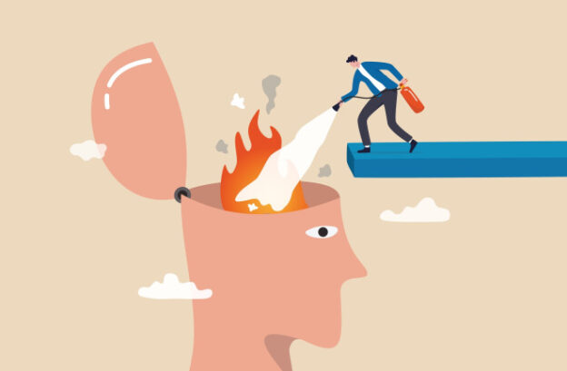 A businessman with a fire hose on his head, standing on a ladder, symbolizing the challenges of understanding anxiety disorder.