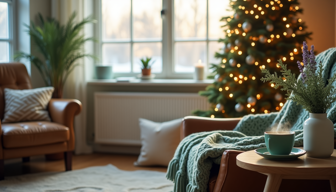 Cozy living room with a decorated Christmas tree, a warm throw blanket on a chair, and a steaming cup of tea on a small wooden table.